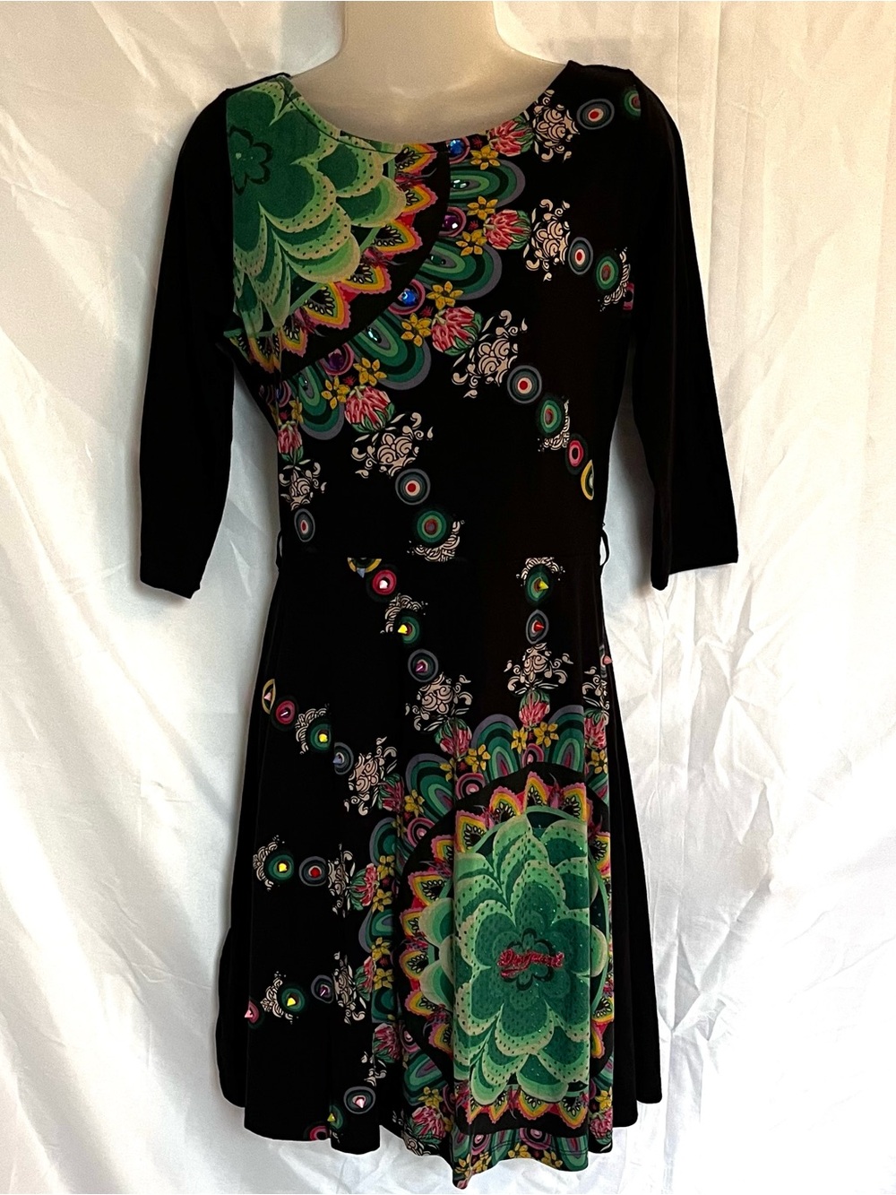 Desigual Black Psychedelic Mandala Embellished A-Line Mini Dress XL